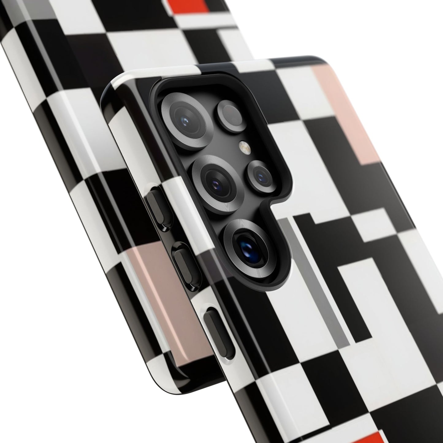 Abstract Geometric Phone Case – Black & White Checker Grid with Red Accent