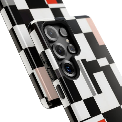 Abstract Geometric Phone Case – Black & White Checker Grid with Red Accent