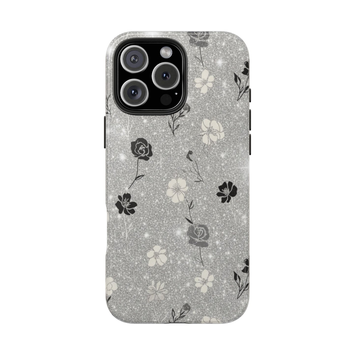 Floral Glitter Tough Phone Case — Black & Silver Vintage Flower Protective Cover