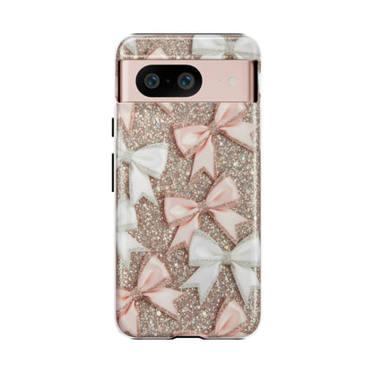 Glitter Bow Tough Phone Case — Pink & White Ribbon Protective Cover