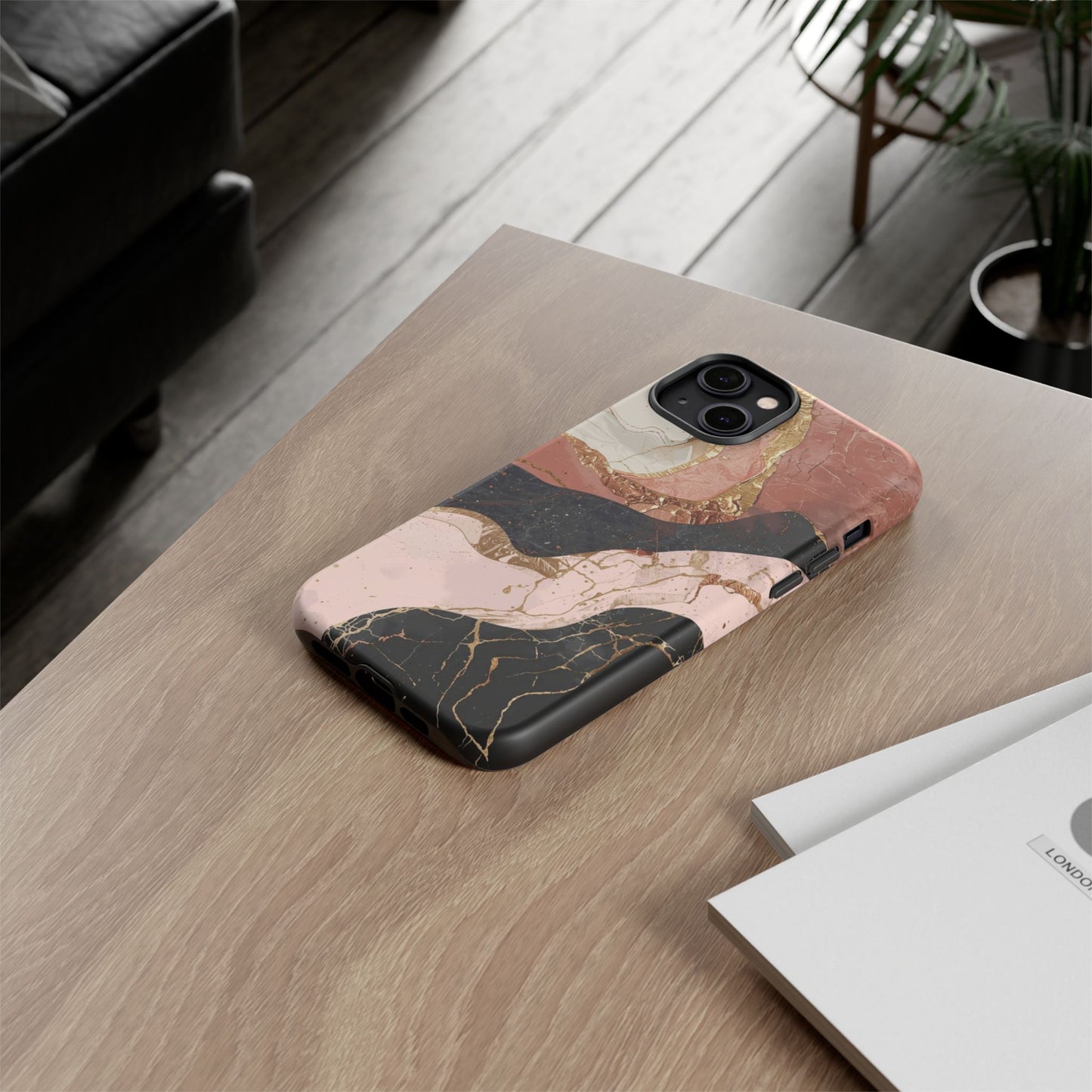 Marbled Rose Gold Phone Case — Abstract Pink & Black Protective Tough Case