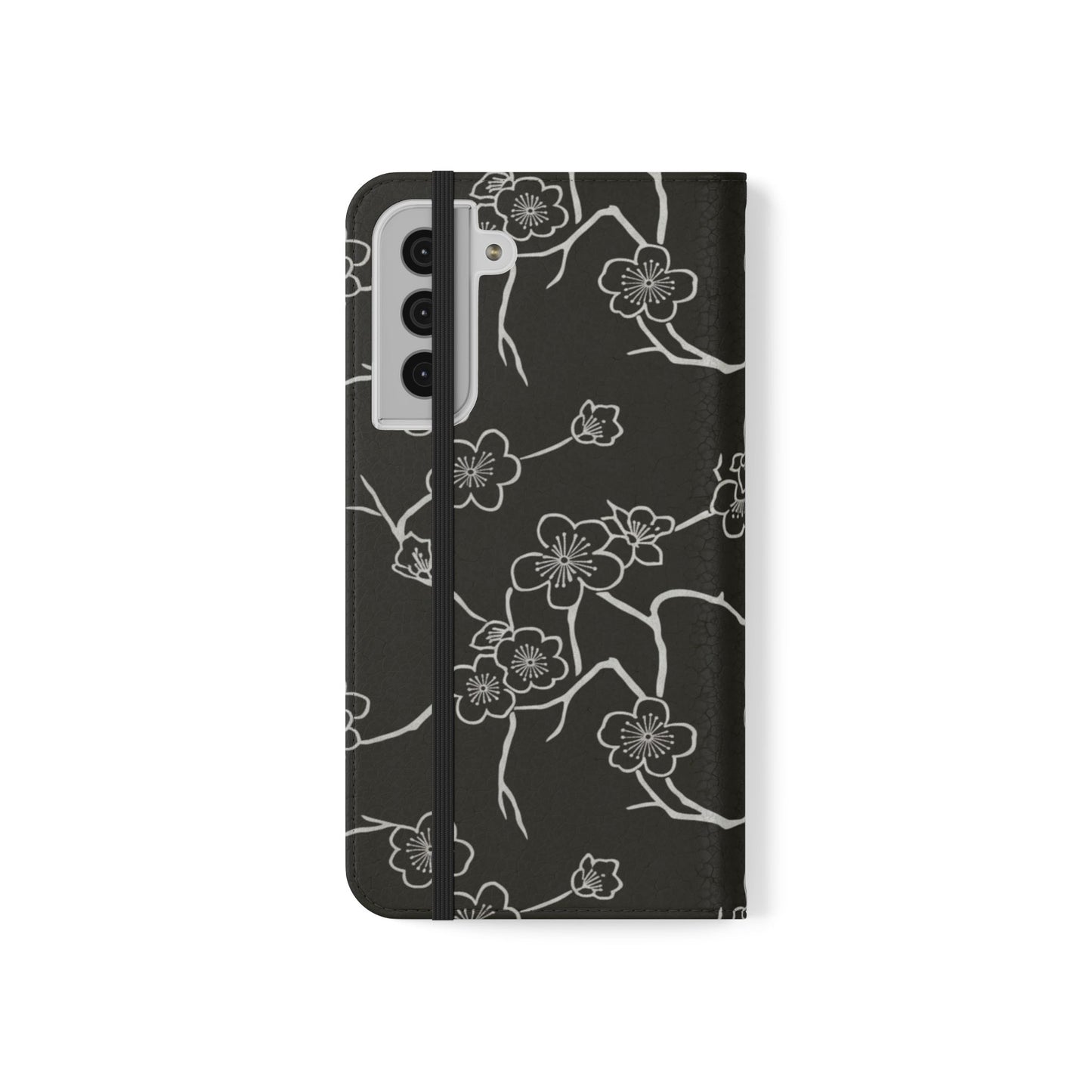 Black Cherry Blossom Flip Phone Case – Floral Wallet Flip Case with Card Slots