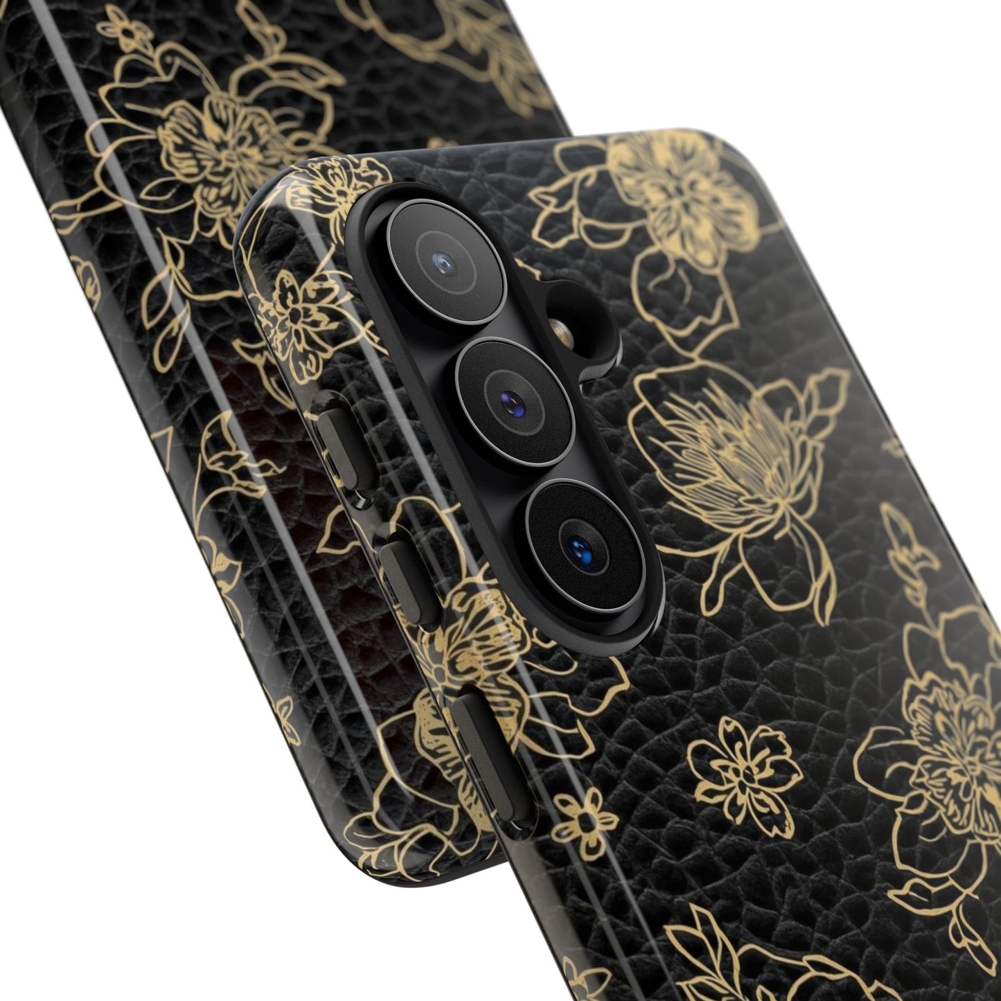 Floral Leather Phone Case — Gold Outline Flowers on Black Tough Case