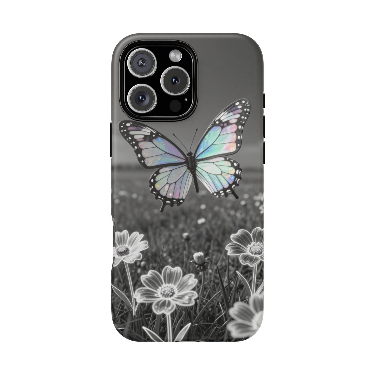 Butterfly Field Tough Phone Case — Pastel Holographic Butterfly on Black & White Floral Background