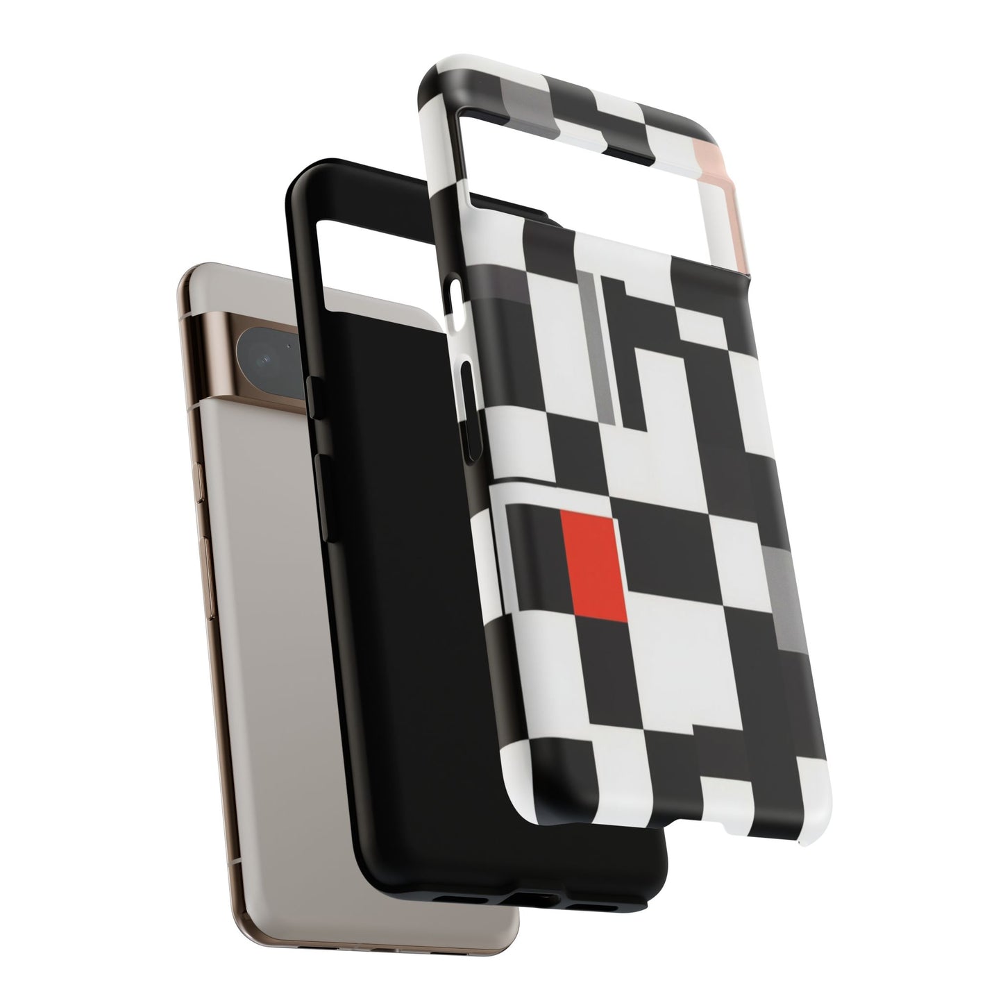 Abstract Geometric Phone Case – Black & White Checker Grid with Red Accent