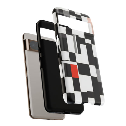 Abstract Geometric Phone Case – Black & White Checker Grid with Red Accent