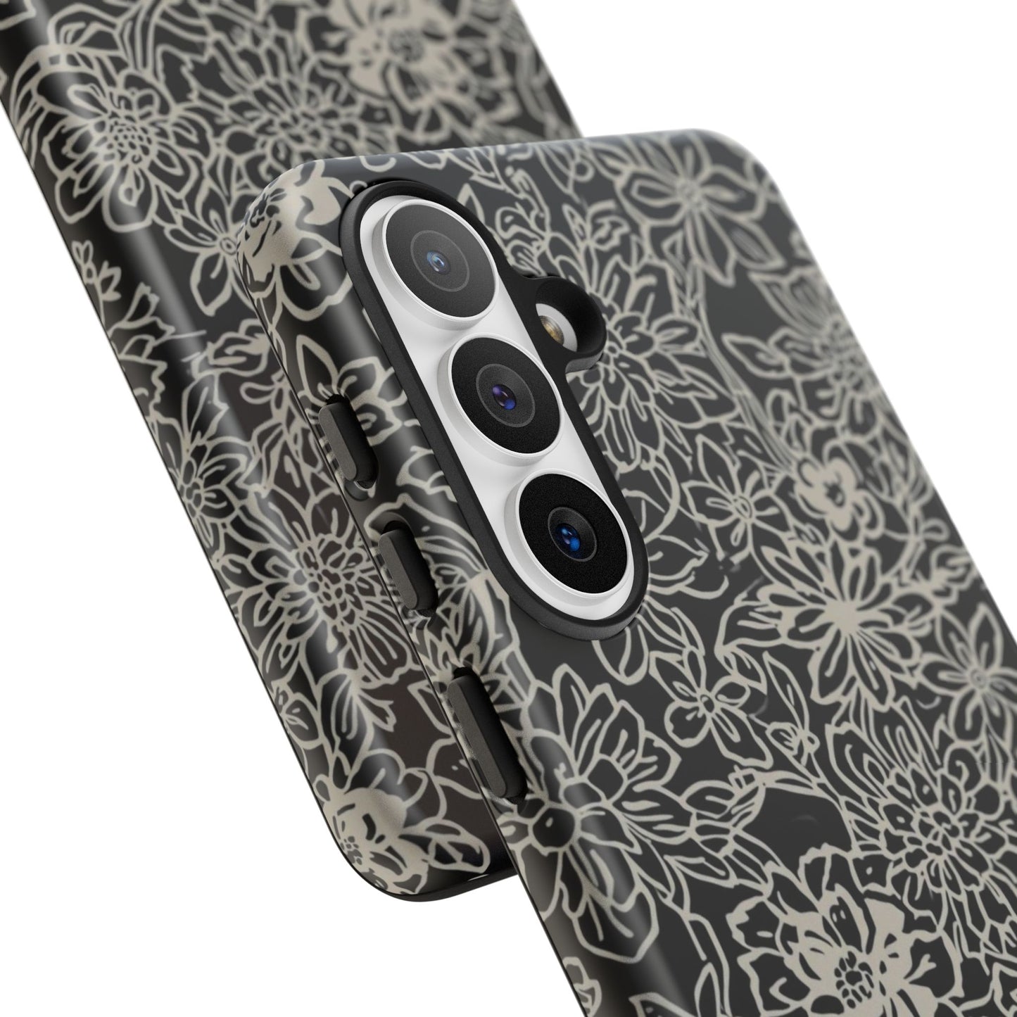 Floral Doodle Tough Phone Case — Black & White Sketch Flower Protective Cover