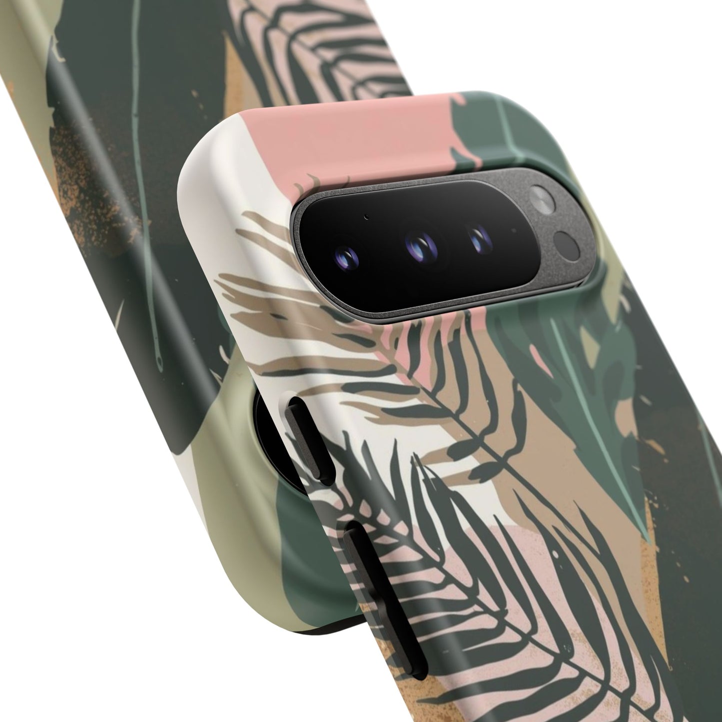 Tropical Leaf Tough Phone Case — Abstract Pink & Green Botanical Protective Cover