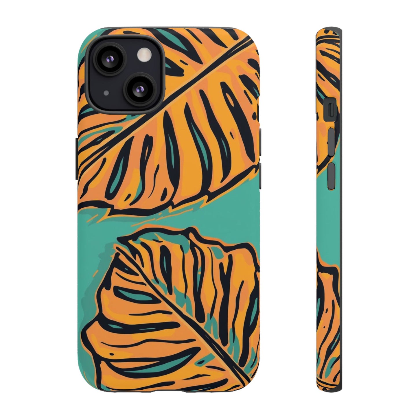 Tropical Leaf Tough Phone Case — Orange Monstera Design on Teal