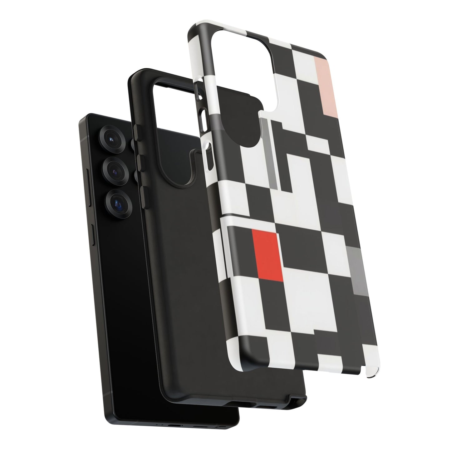 Abstract Geometric Phone Case – Black & White Checker Grid with Red Accent