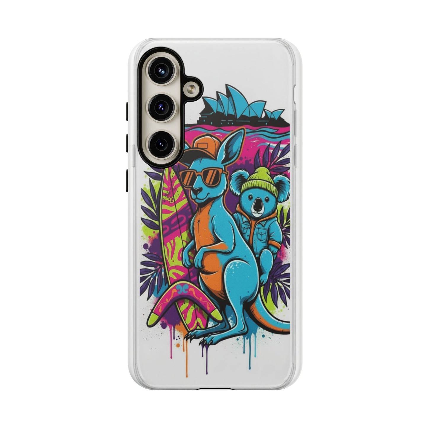 Kangaroo & Koala Surf Phone Case — Retro Neon Beach Art Tough Case