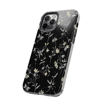 Floral Noir Tough Phone Case — Vintage Black Botanical Protective Cover