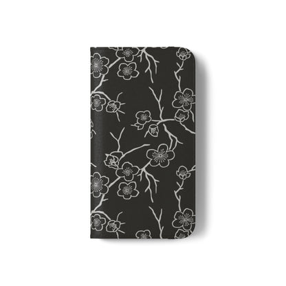 Black Cherry Blossom Flip Phone Case – Floral Wallet Flip Case with Card Slots