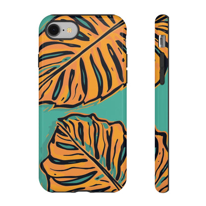 Tropical Leaf Tough Phone Case — Orange Monstera Design on Teal