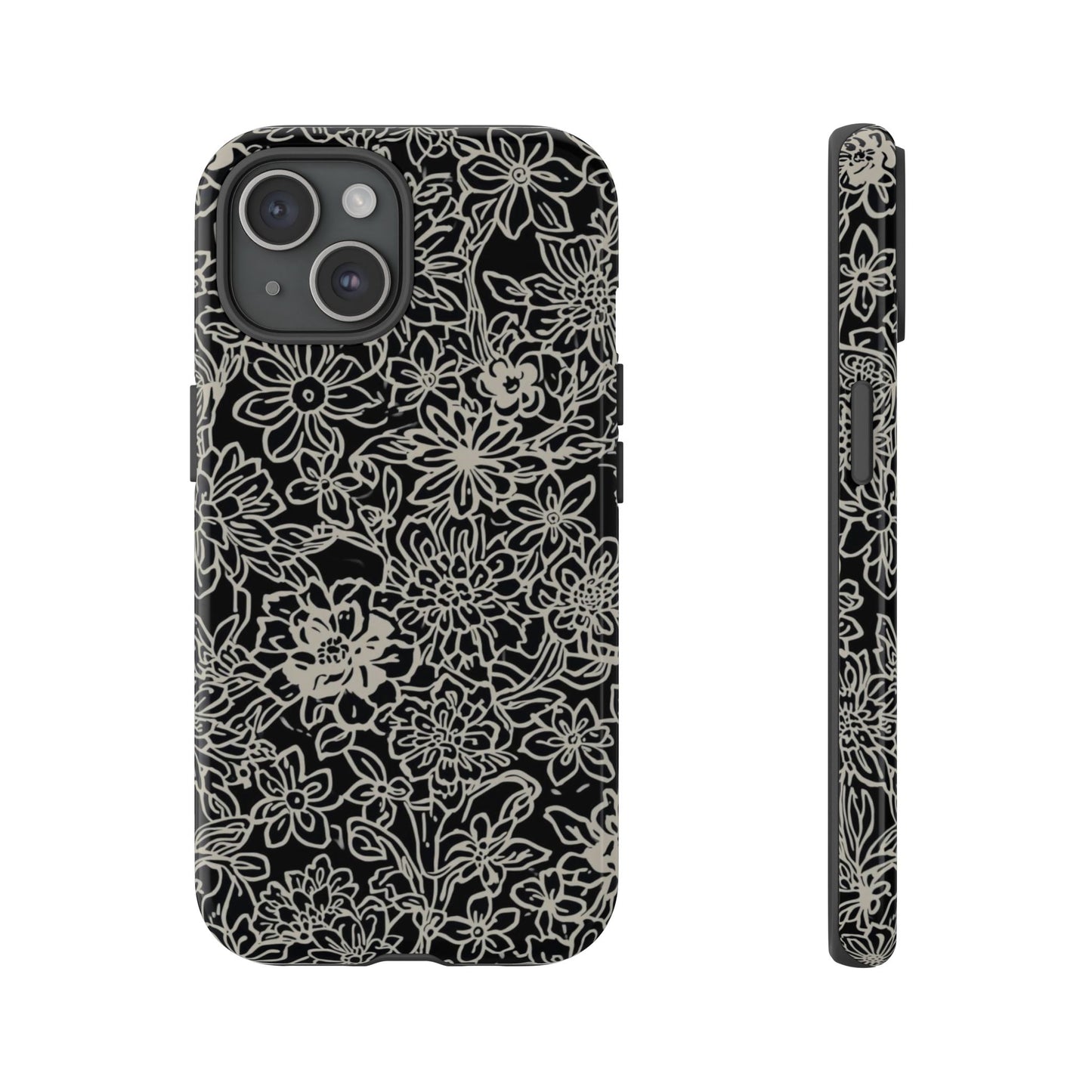 Floral Doodle Tough Phone Case — Black & White Sketch Flower Protective Cover