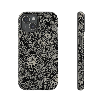 Floral Doodle Tough Phone Case — Black & White Sketch Flower Protective Cover