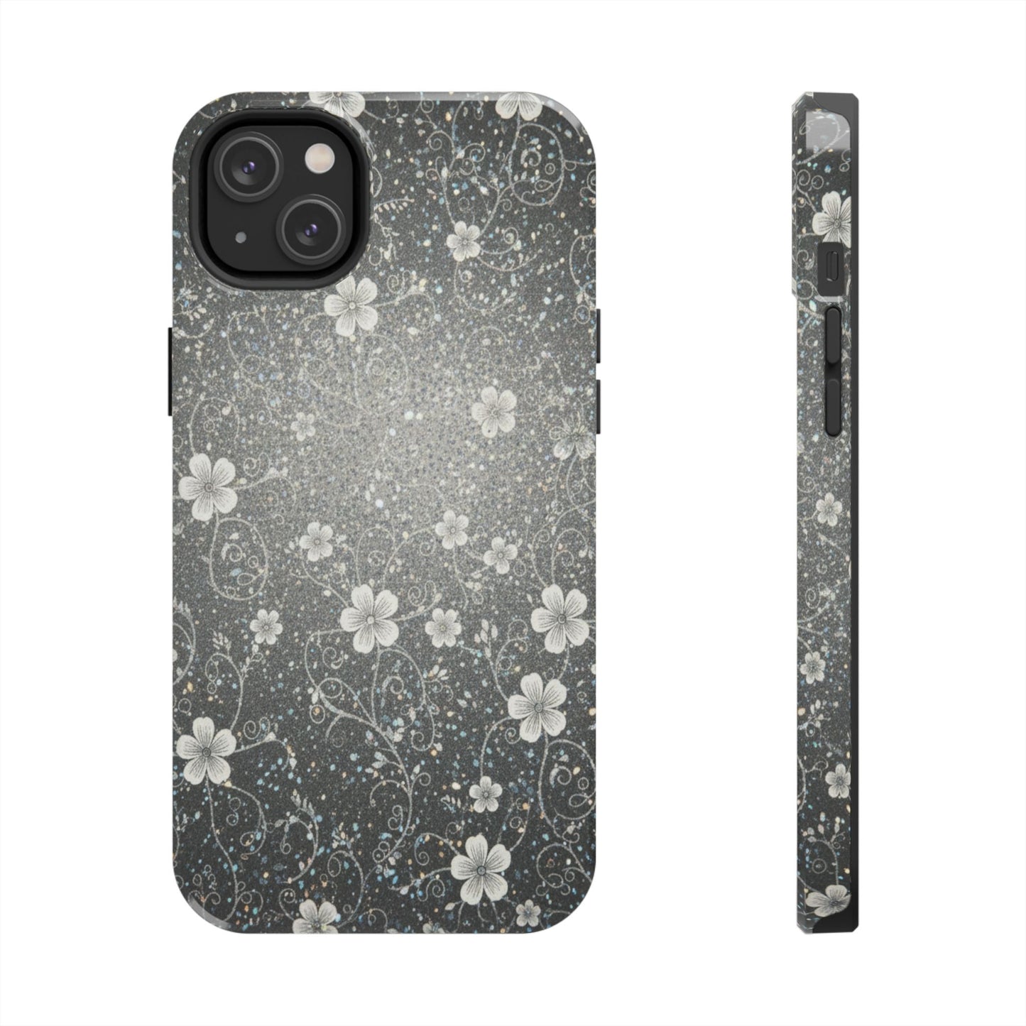 Floral Sparkle Tough Phone Case — Black & Silver Vintage Blossom