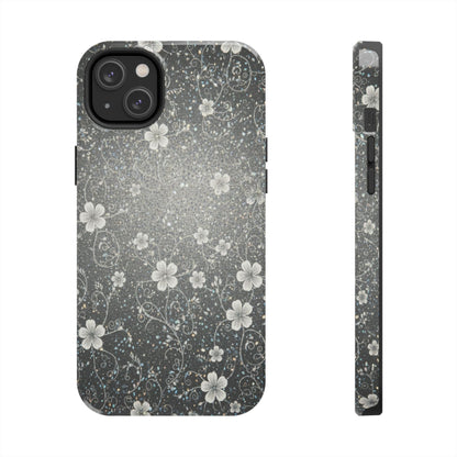 Floral Sparkle Tough Phone Case — Black & Silver Vintage Blossom