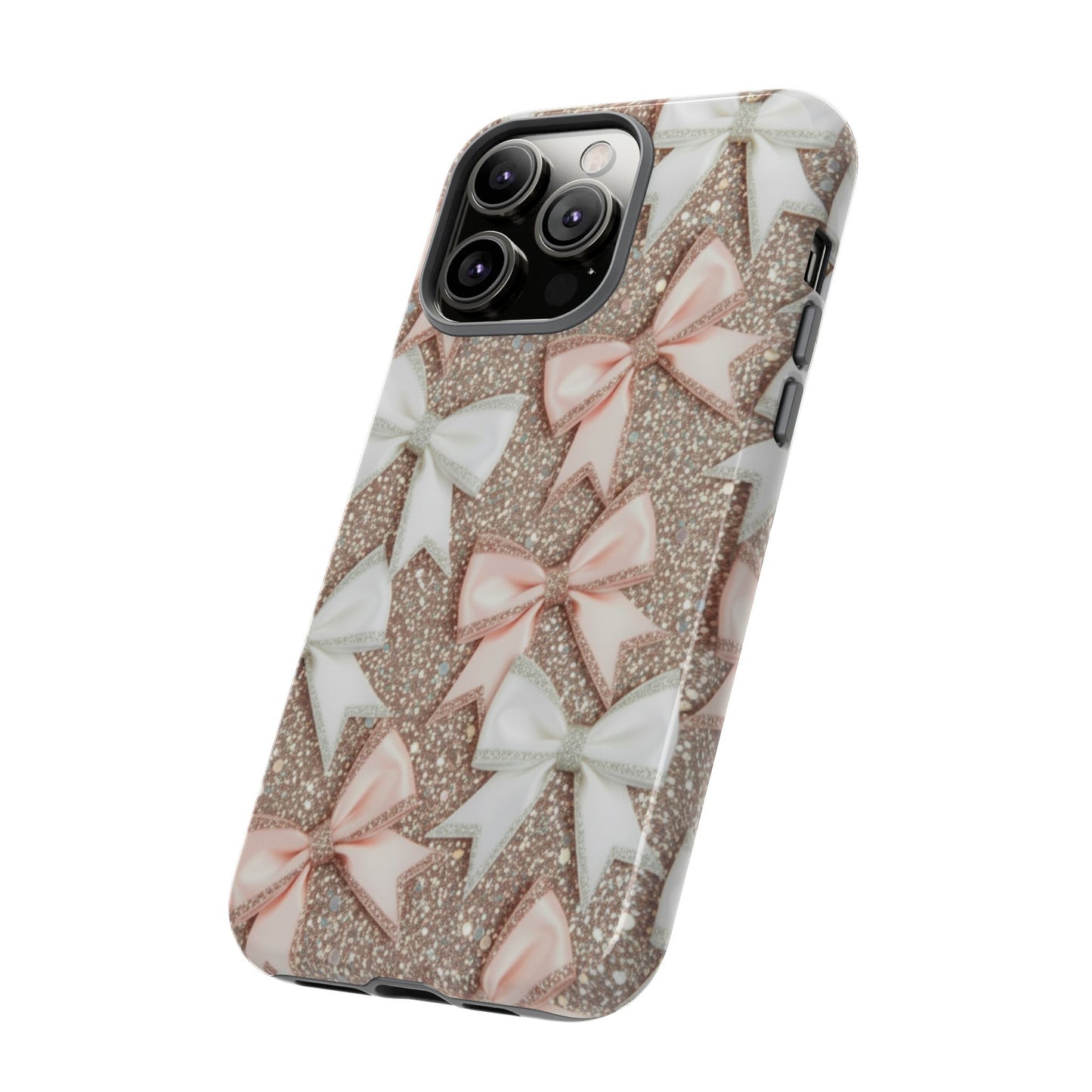 Glitter Bow Tough Phone Case — Pink & White Ribbon Protective Cover