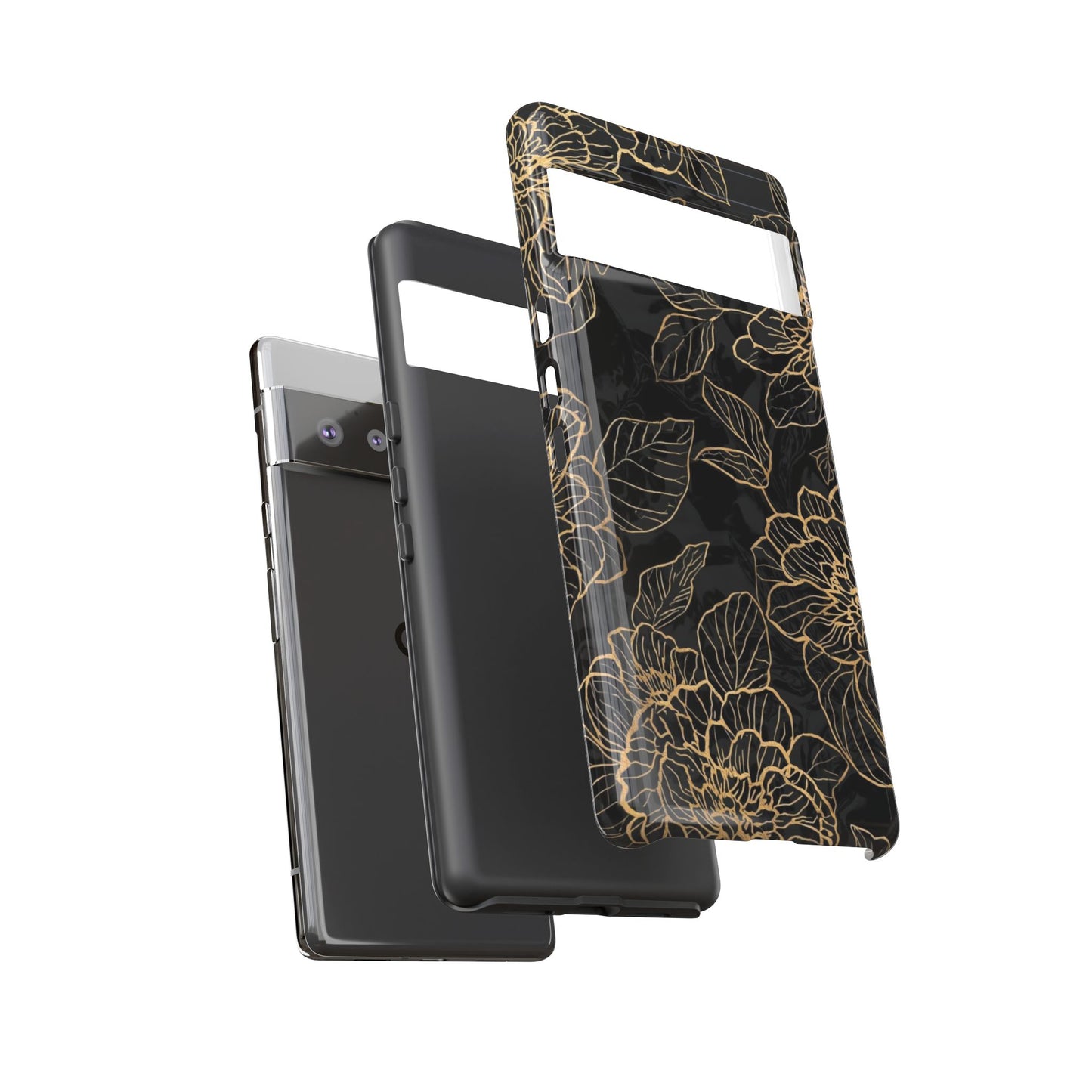 Floral Gold Outline Tough Phone Case – Black Botanical Protective Cover