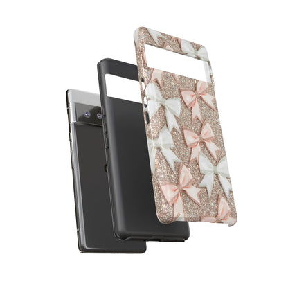 Glitter Bow Tough Phone Case — Pink & White Ribbon Protective Cover