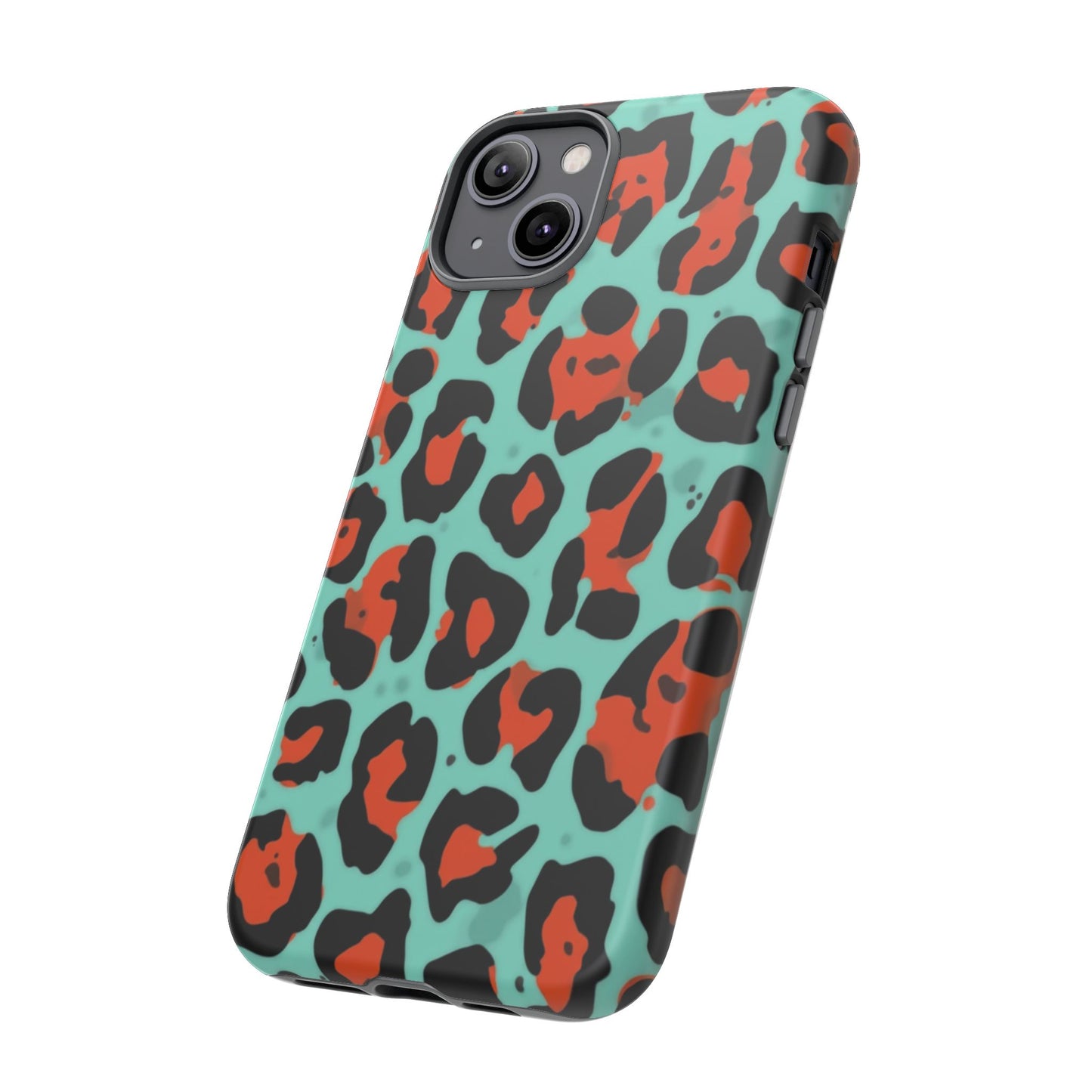 Leopard Print Tough Phone Case — Teal & Rust Protective iPhone Cover