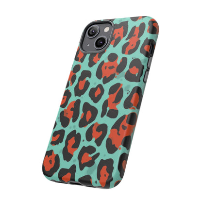 Leopard Print Tough Phone Case — Teal & Rust Protective iPhone Cover