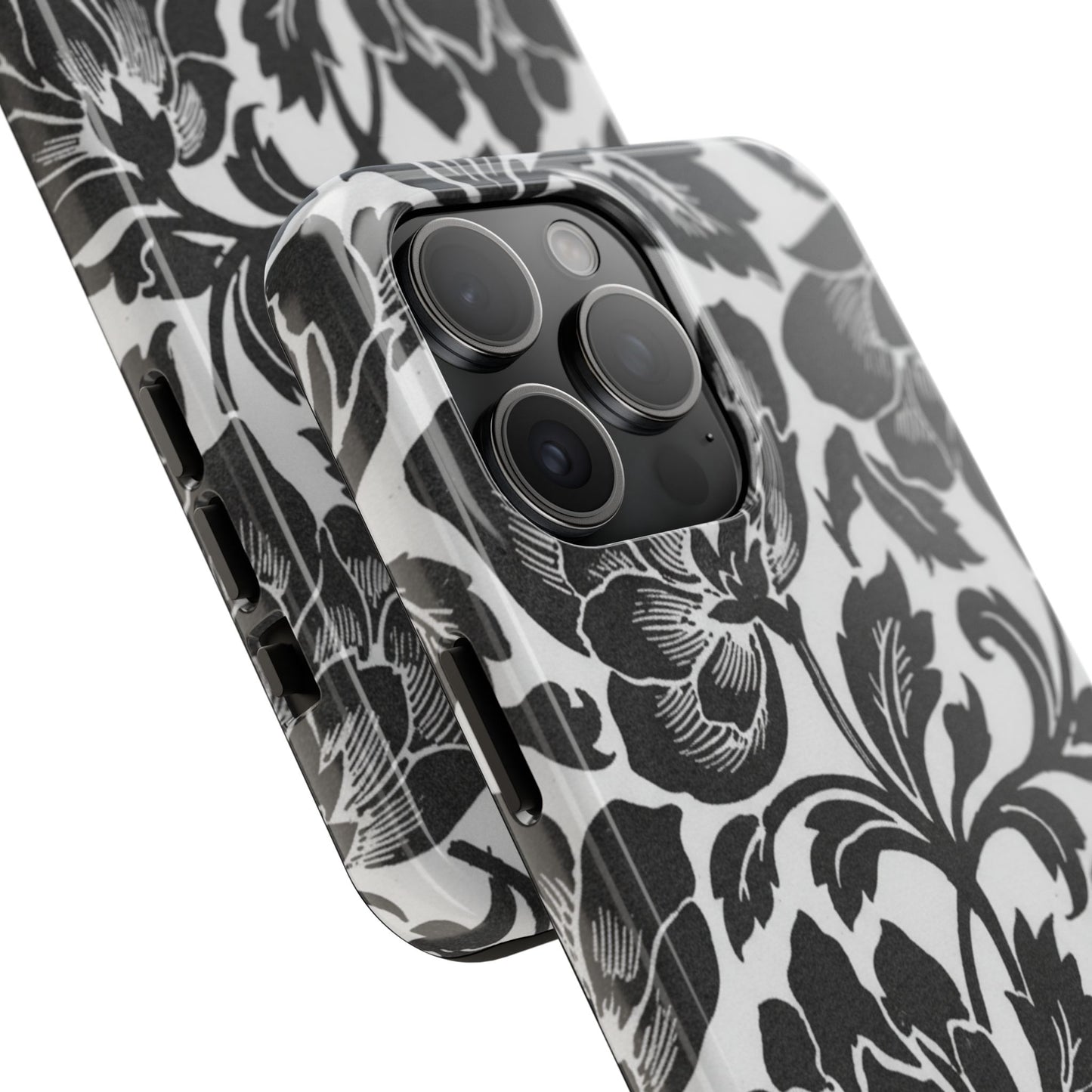 Tough Phone Case — Black & White Vintage Floral Protective Cover