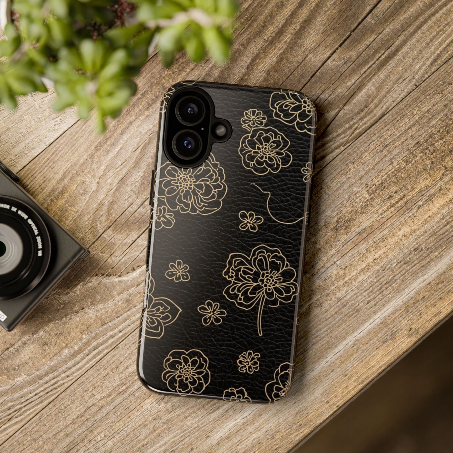 Floral Leather-Texture Tough Case – Black Gold Outline Phone Cover