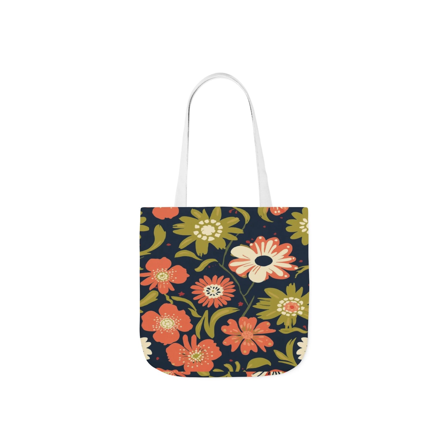 Floral Canvas Tote Bag — Retro Orange & Olive Flower Pattern