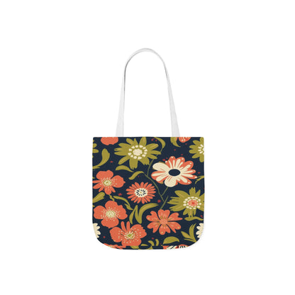 Floral Canvas Tote Bag — Retro Orange & Olive Flower Pattern