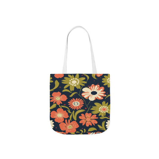 Floral Canvas Tote Bag — Retro Orange & Olive Flower Pattern