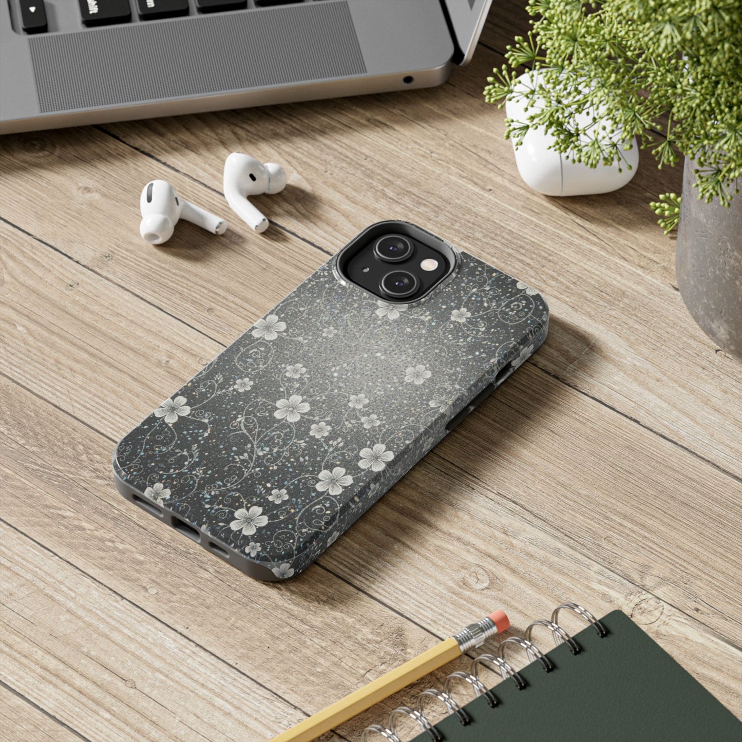 Floral Sparkle Tough Phone Case — Black & Silver Vintage Blossom
