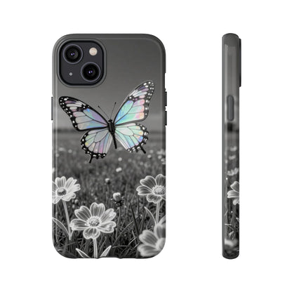 Butterfly Field Tough Phone Case — Pastel Holographic Butterfly on Black & White Floral Background