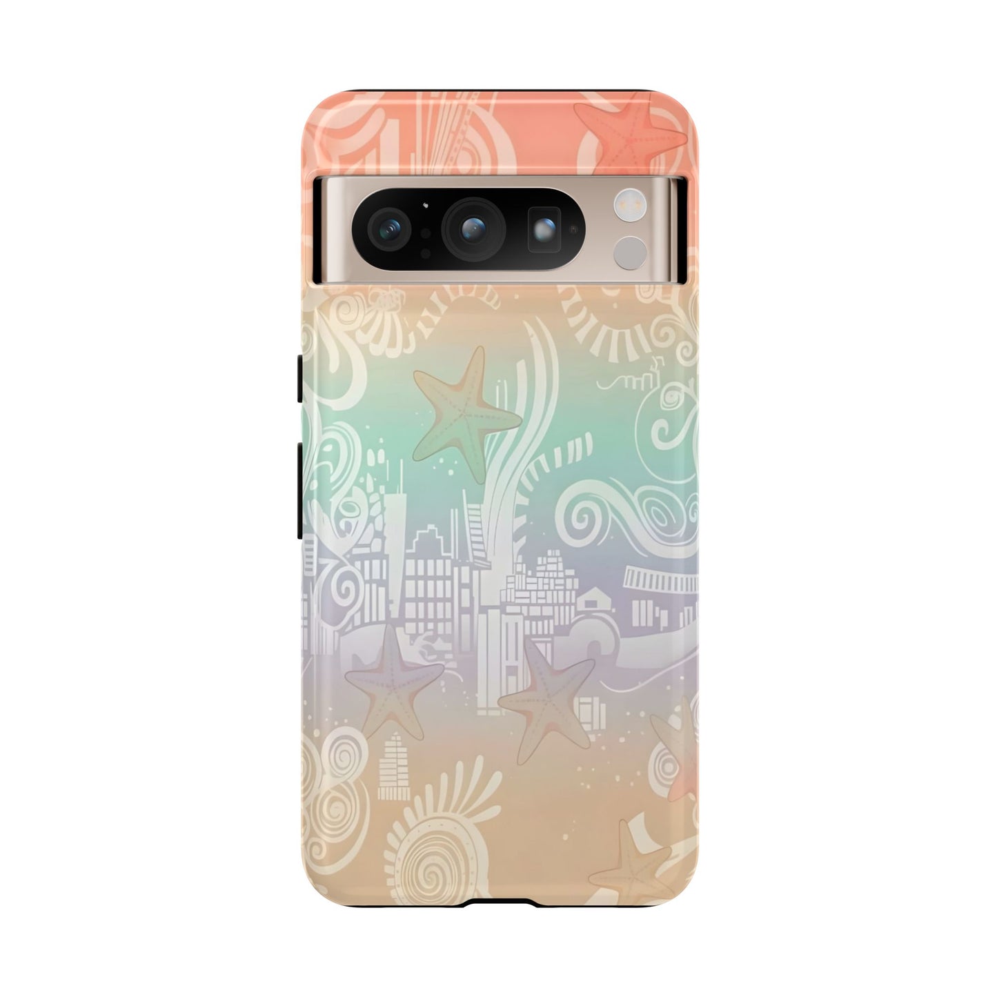 Tough Cases: Pastel Beach Pattern Phone Case — Starfish & Coastal Cityscape Protective Cover