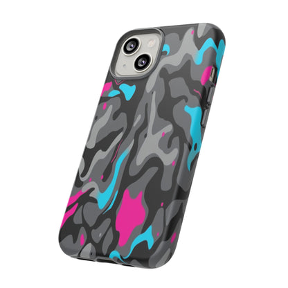 Camouflage Phone Case — Gray Camo with Neon Pink & Cyan Accent Tough Protective Cover