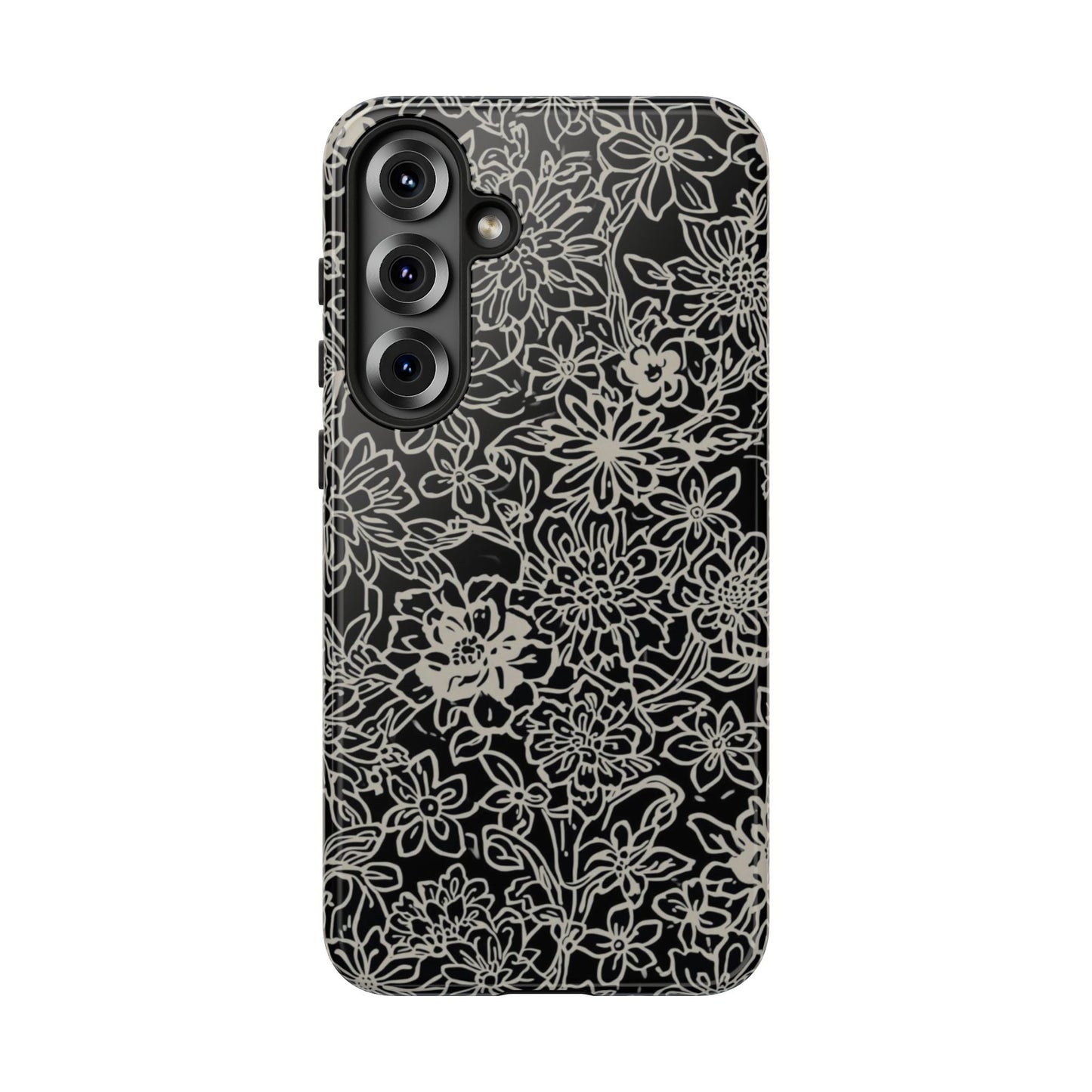 Floral Doodle Tough Phone Case — Black & White Sketch Flower Protective Cover