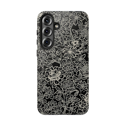 Floral Doodle Tough Phone Case — Black & White Sketch Flower Protective Cover