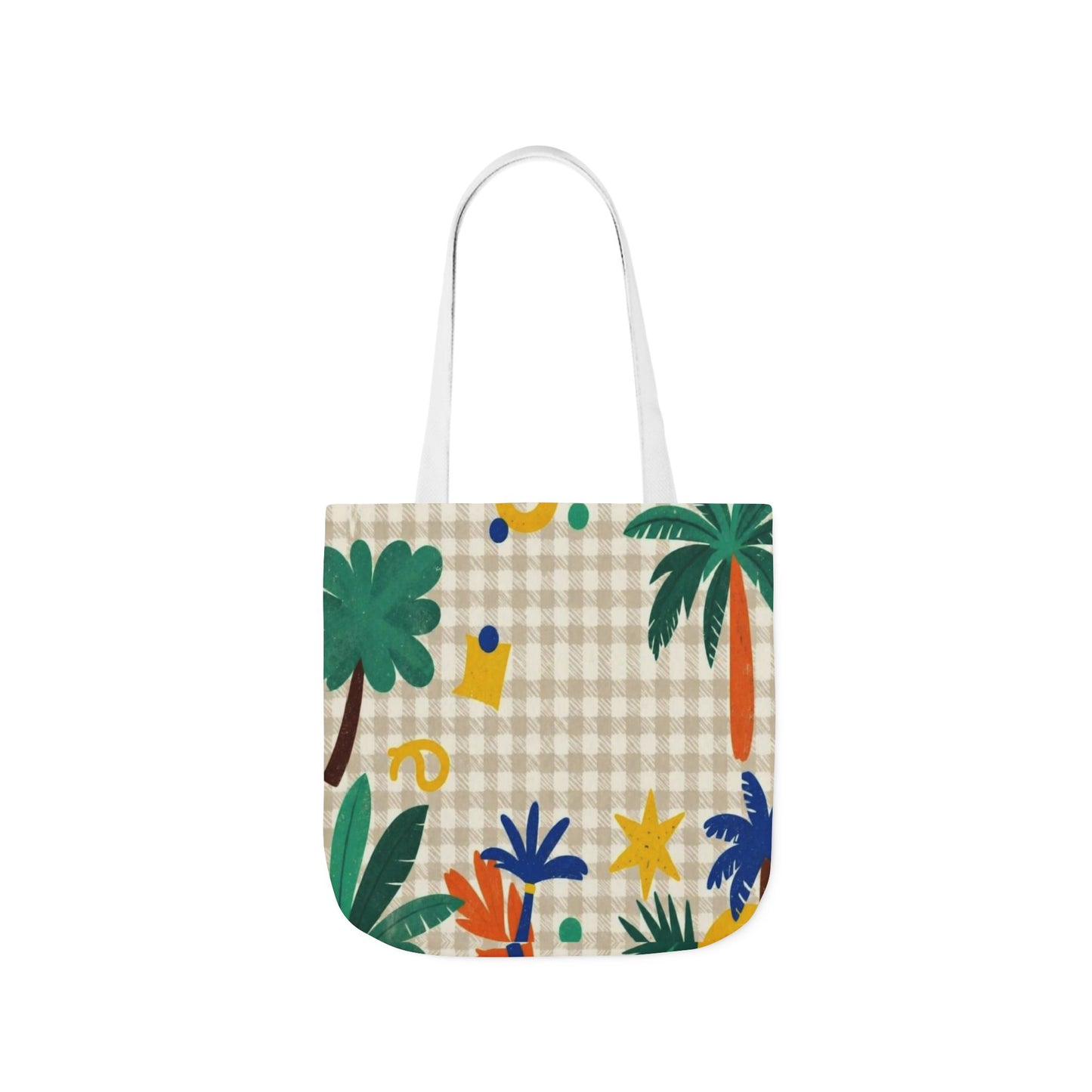Tropical Gingham Canvas Tote — Palm Trees & Colorful Flora