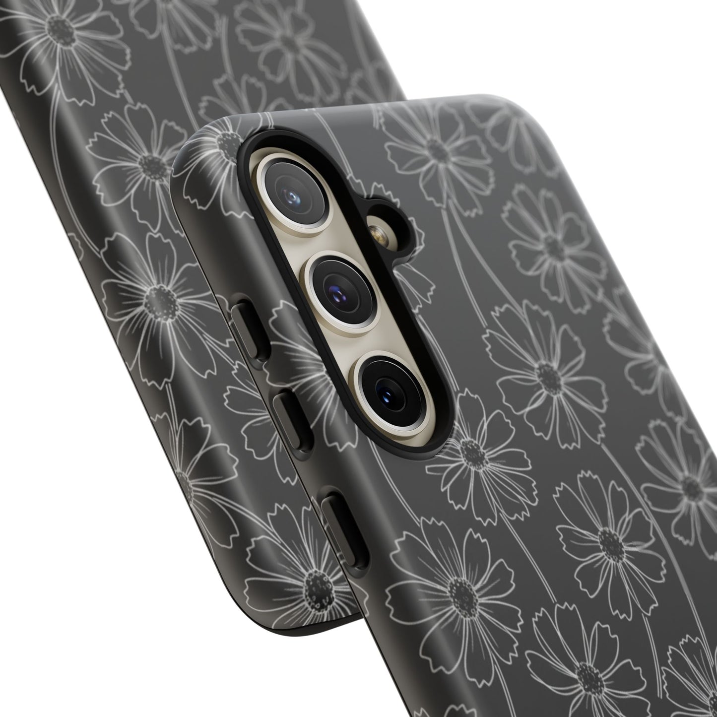 Floral Doodle Tough Phone Case — Black & Gray Daisy Pattern