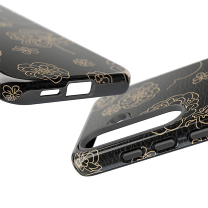 Floral Leather-Texture Tough Case – Black Gold Outline Phone Cover