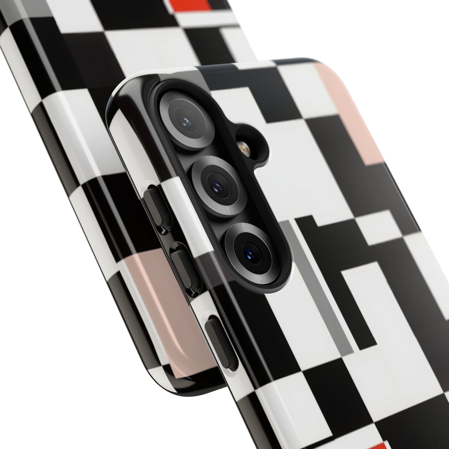 Abstract Geometric Phone Case – Black & White Checker Grid with Red Accent