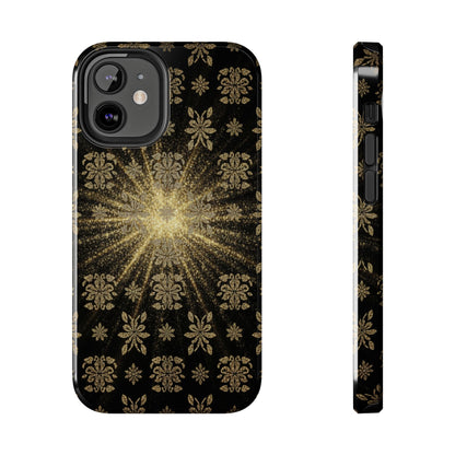 Glitter Burst Tough Phone Case — Black & Gold Floral Protective Cover