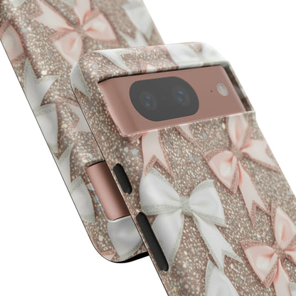 Glitter Bow Tough Phone Case — Pink & White Ribbon Protective Cover