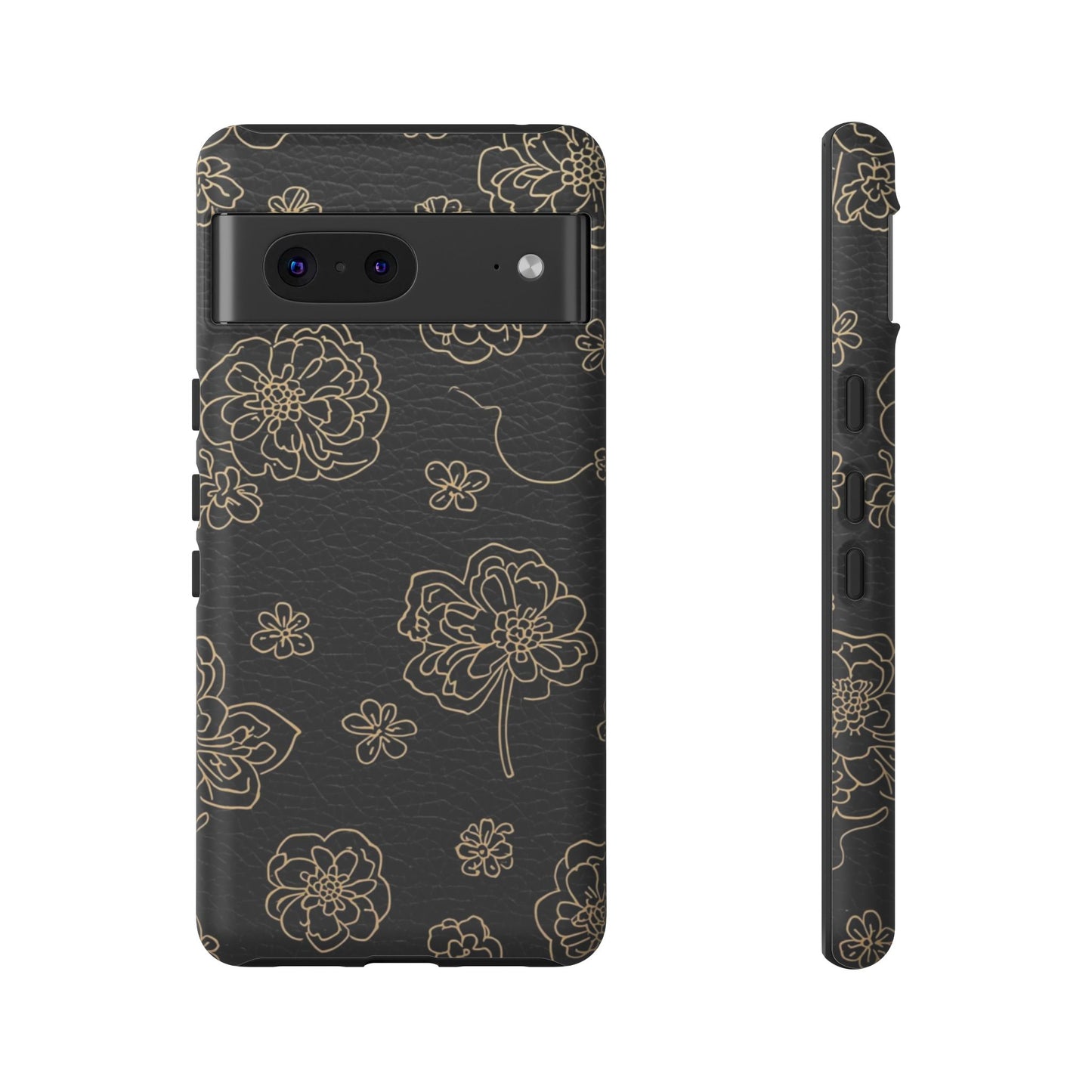 Floral Leather-Texture Tough Case – Black Gold Outline Phone Cover