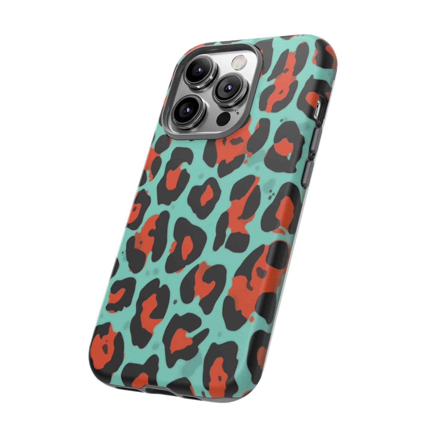 Leopard Print Tough Phone Case — Teal & Rust Protective iPhone Cover