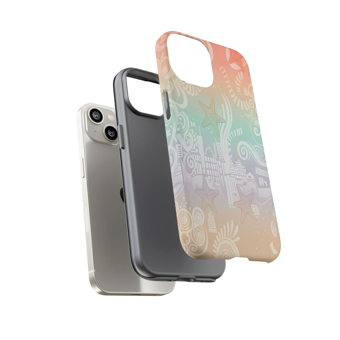 Tough Cases: Pastel Beach Pattern Phone Case — Starfish & Coastal Cityscape Protective Cover