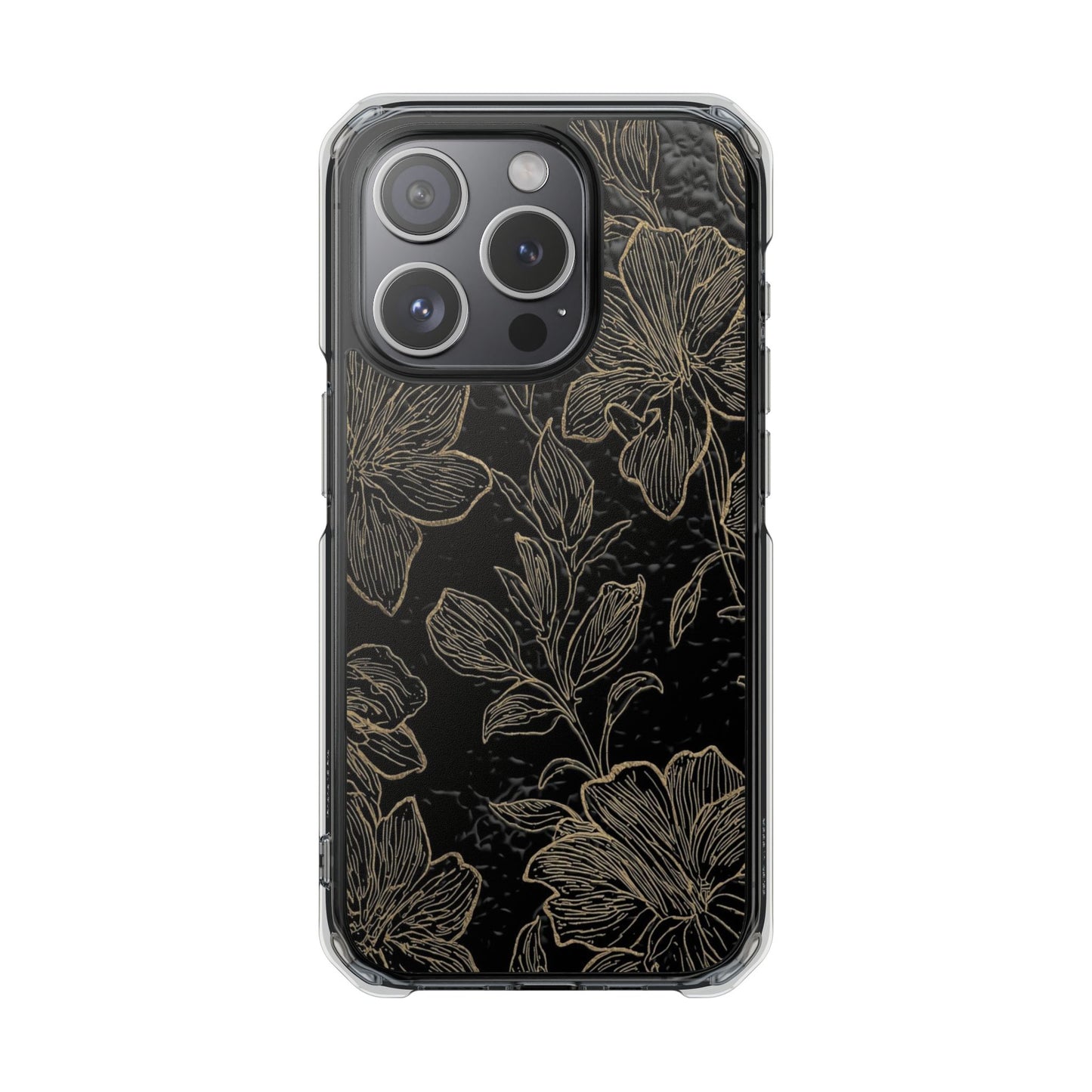 Floral Sketch Magnetic Clear Phone Case — Black & Gold Botanical Impact Case