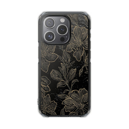 Floral Sketch Magnetic Clear Phone Case — Black & Gold Botanical Impact Case