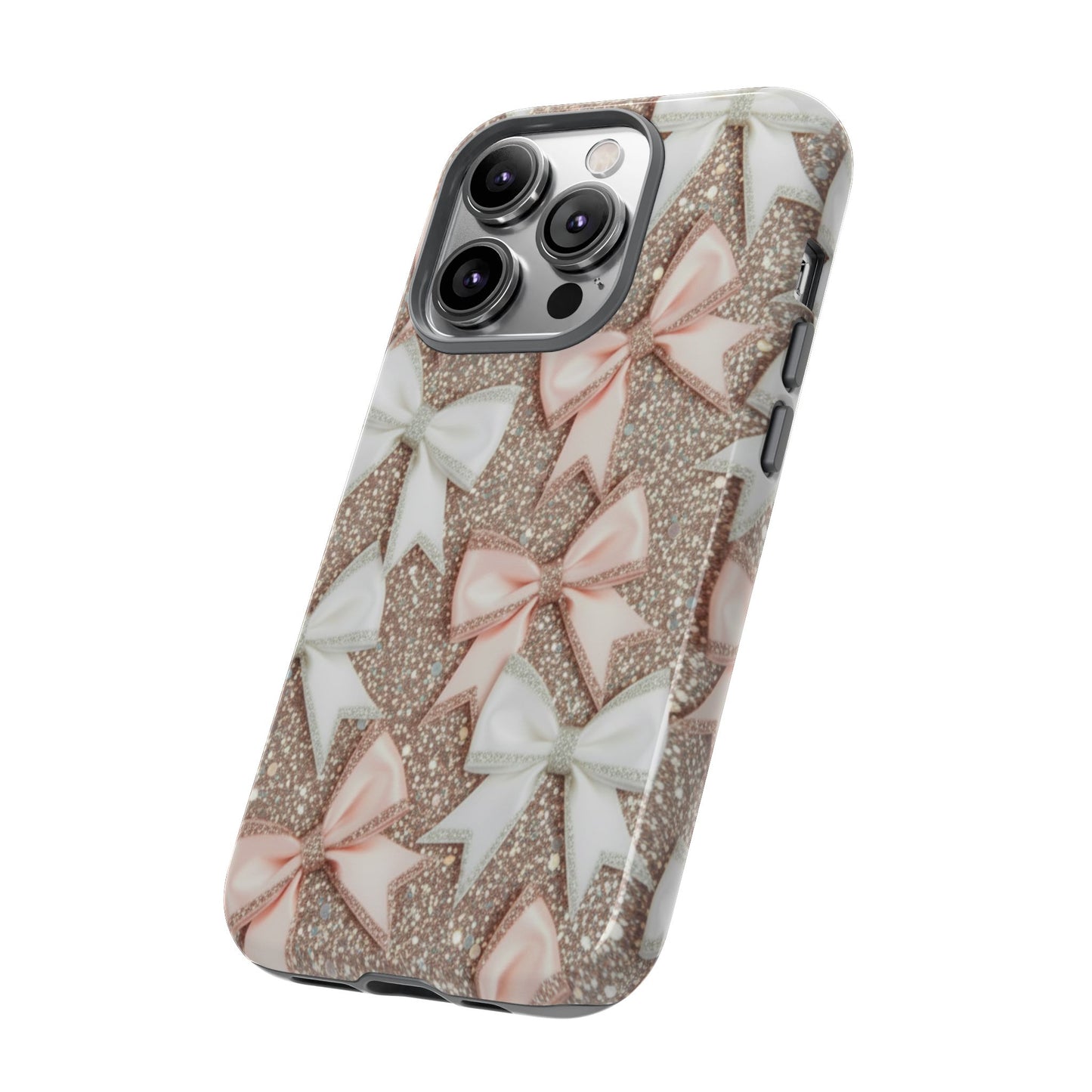 Glitter Bow Tough Phone Case — Pink & White Ribbon Protective Cover